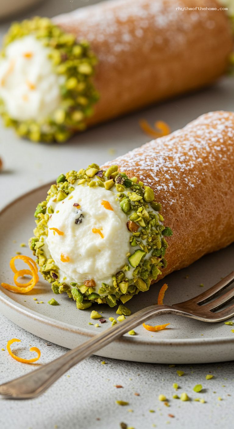 Classic Sicilian Cannoli with Ricotta and Pistachios – Closeup