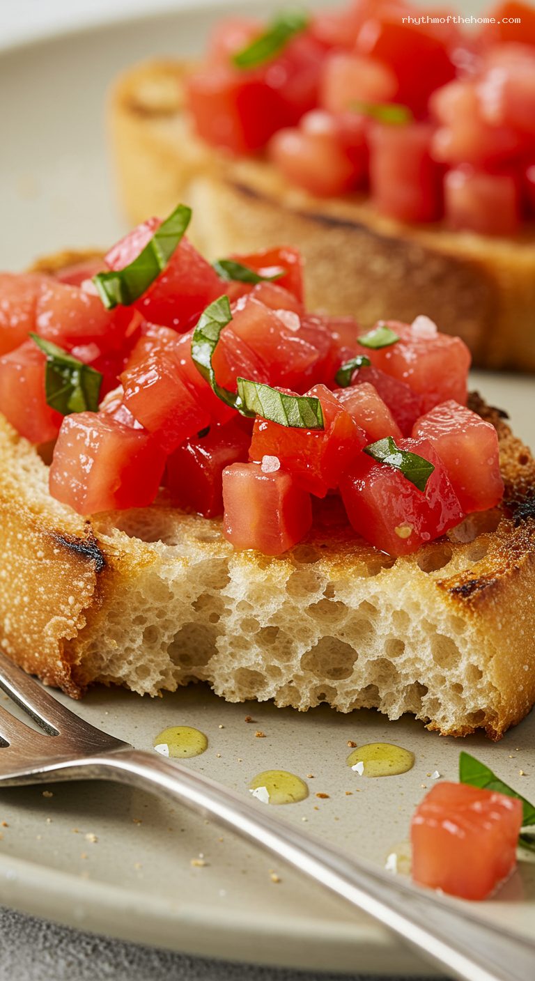 Classic Tomato Basil Bruschetta with Garlic Toast – Closeup