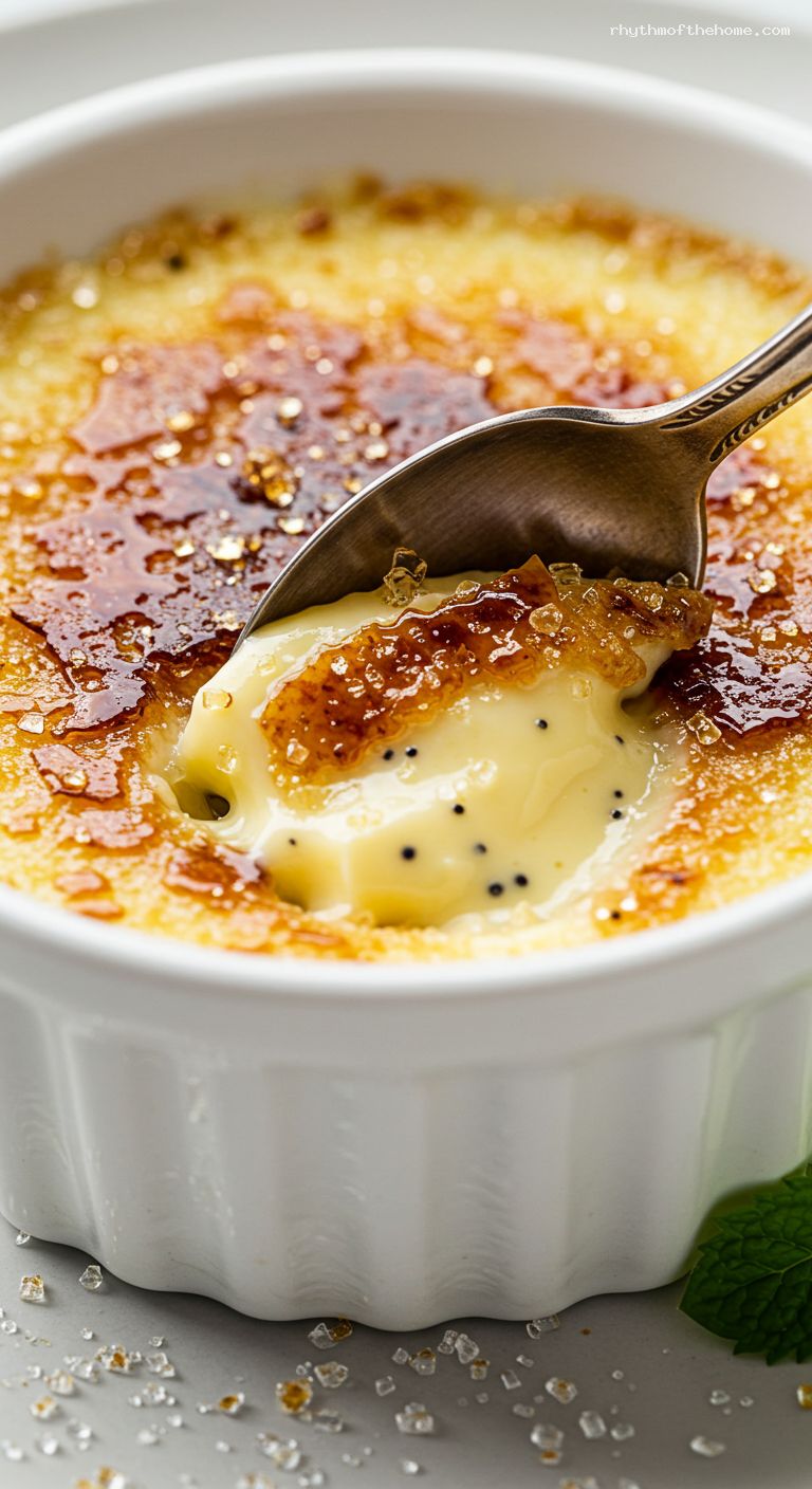 Classic Vanilla Crème Brûlée with Caramelized Sugar – Closeup