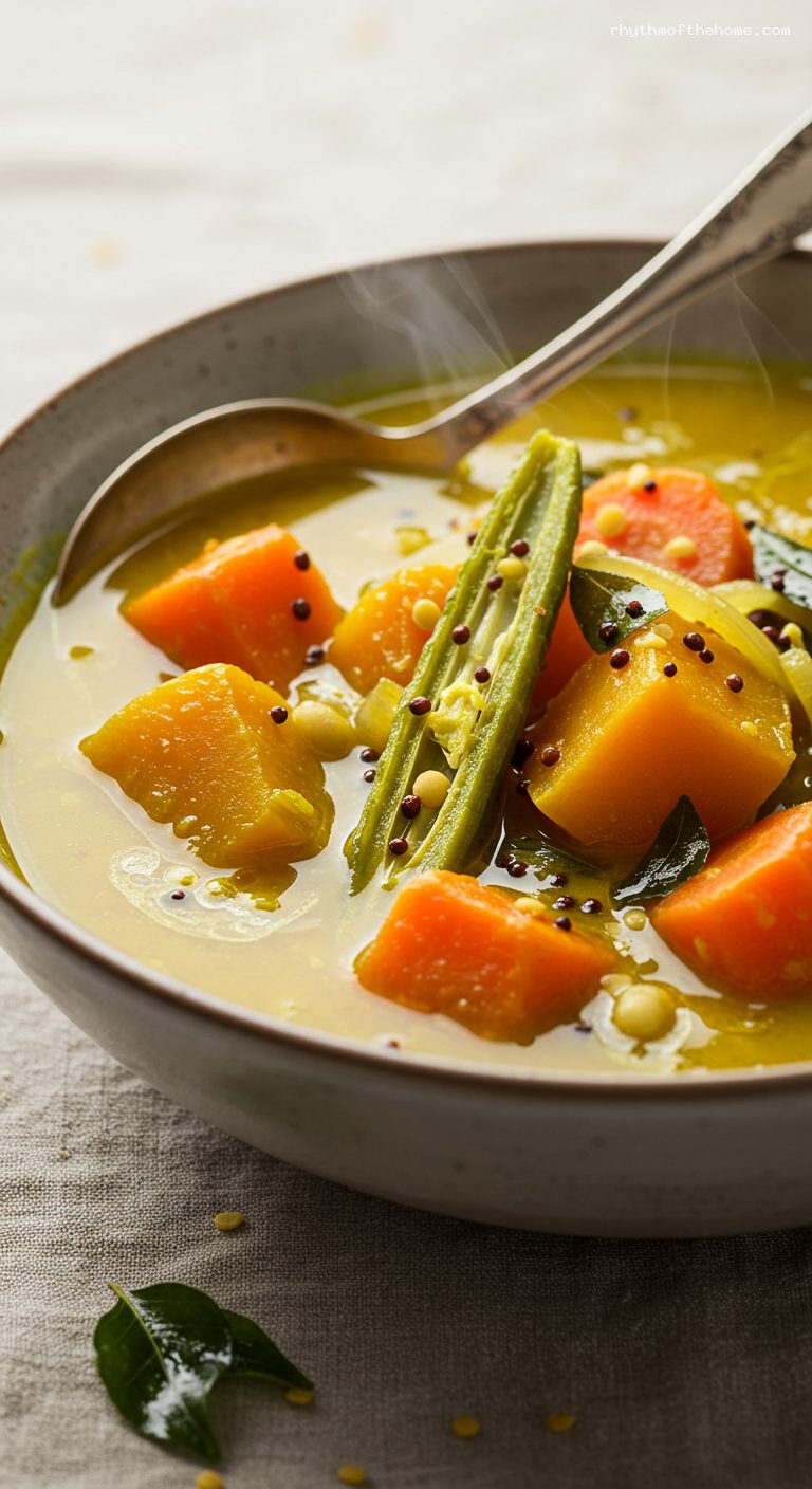 Classic Vegetable Sambar with Tamarind and Toor Dal – Closeup
