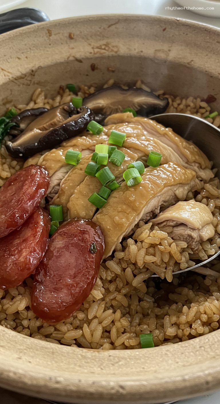Claypot Chicken Rice with Lap Cheong and Shiitakes – Closeup