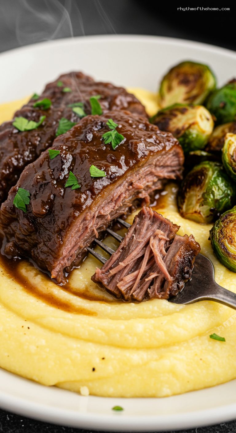Cocoa-Coffee Braised Short Ribs with Chipotle Polenta and Balsamic Brussels Sprouts – Closeup