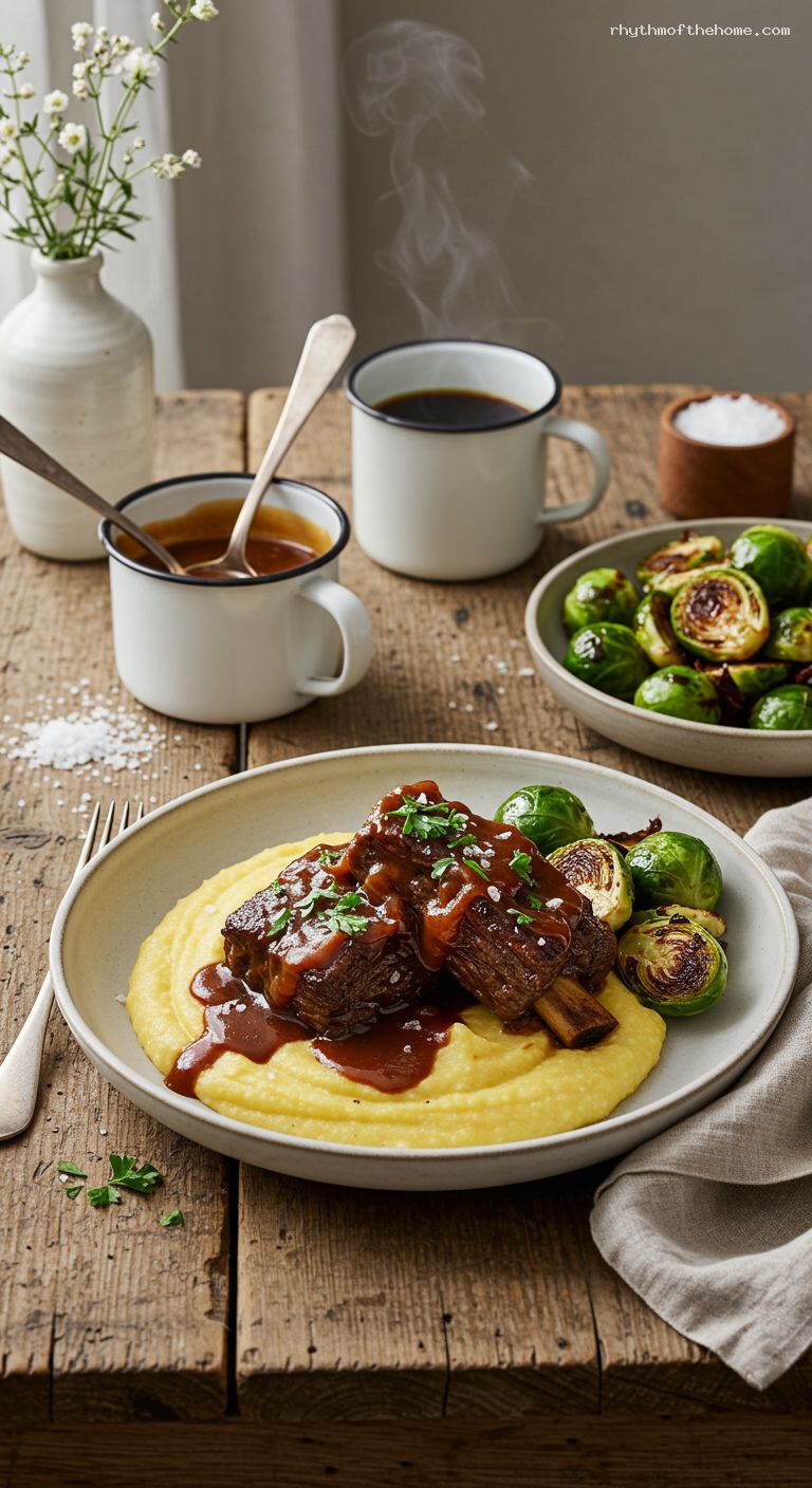 Cocoa-Coffee Braised Short Ribs with Chipotle Polenta and Balsamic Brussels Sprouts