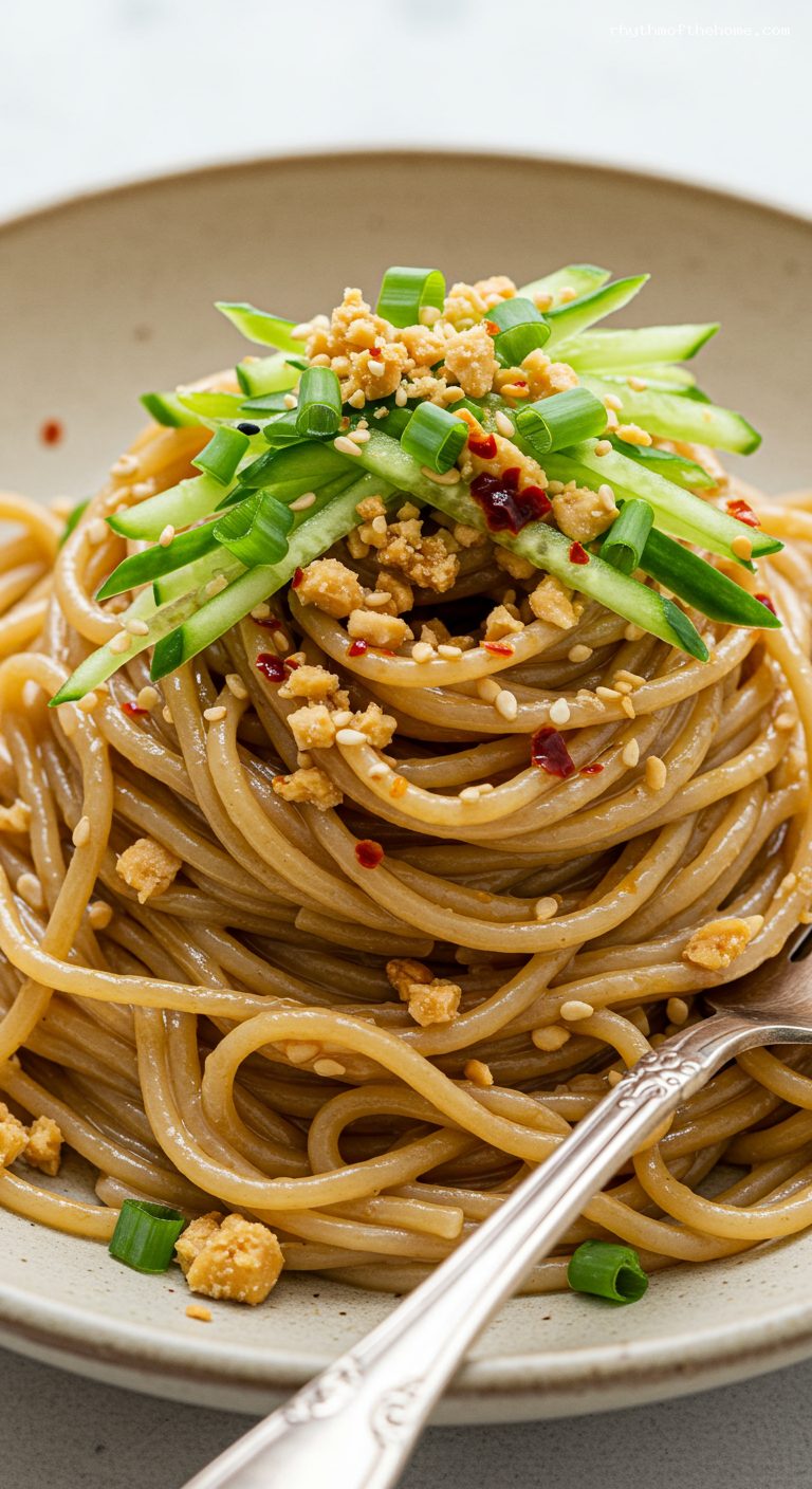 Cold Sesame-Peanut Noodles with Cucumber and Scallions – Closeup