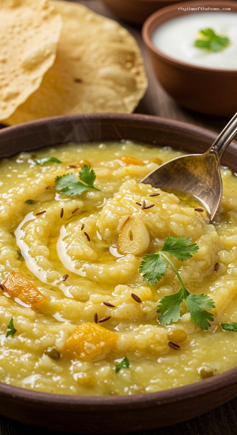 Comforting Moong Dal Khichdi with Ghee Tempering – Closeup
