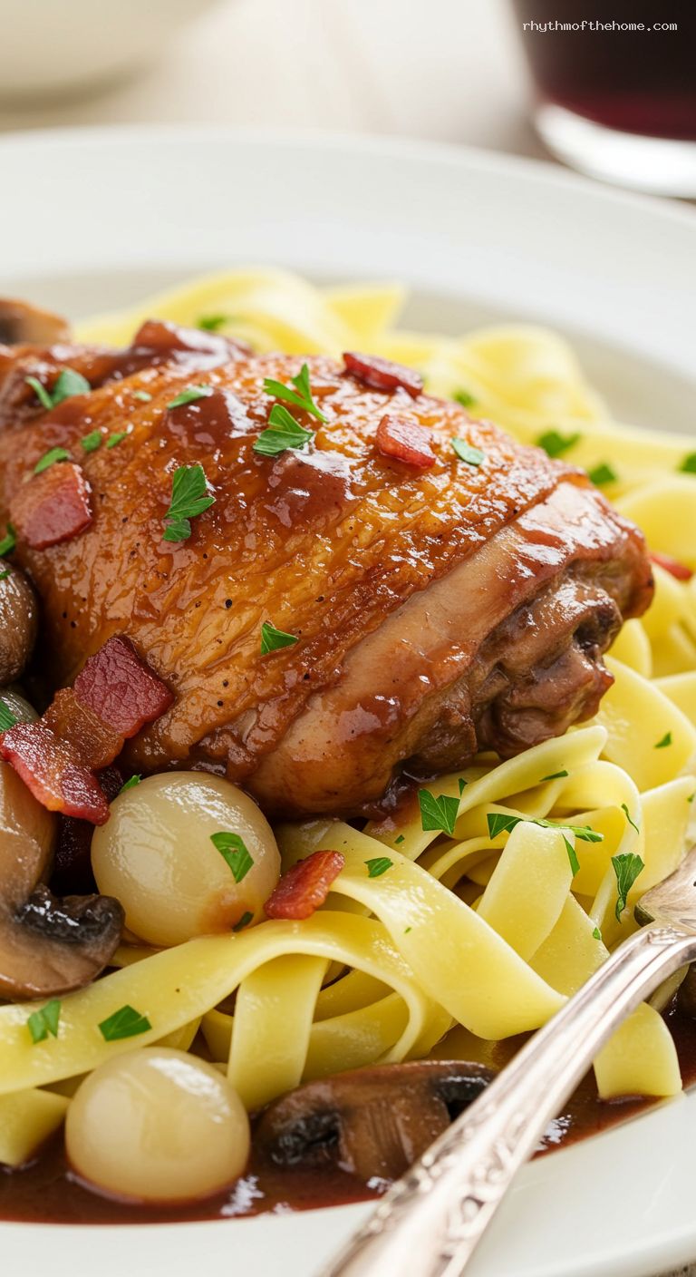 Coq au Vin with Buttered Egg Noodles – Closeup