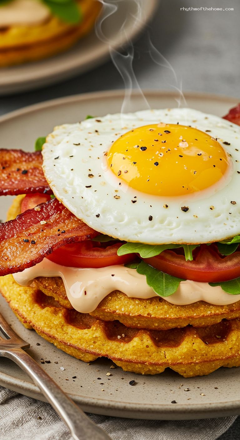 Cornbread Waffles with Bacon, Tomato, Greens, and Fried Egg – Closeup