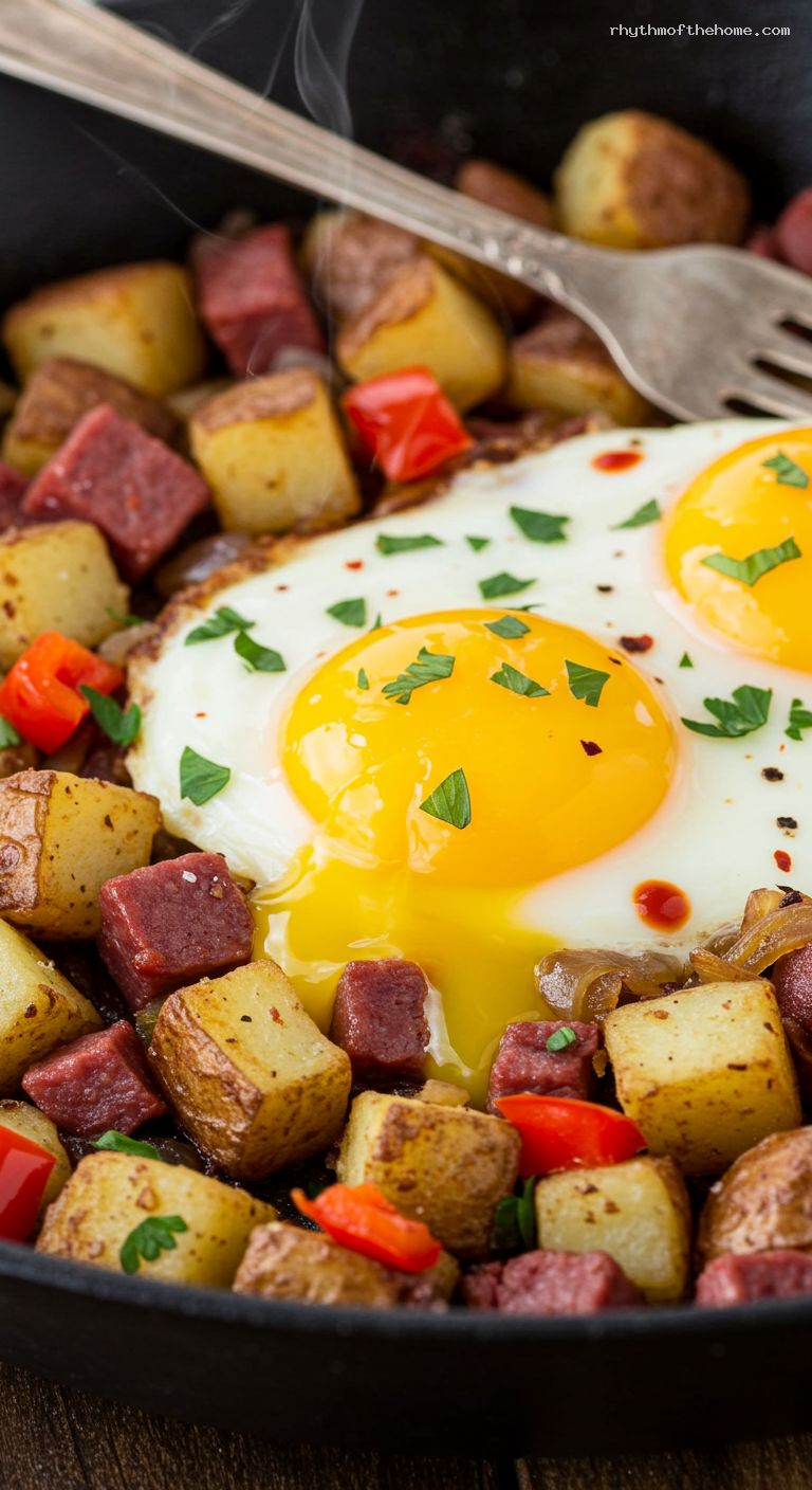 Corned Beef Hash and Eggs with Peppers – Closeup