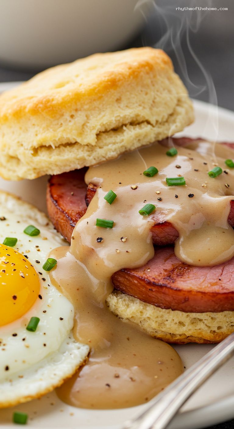 Country Ham with Red-Eye Gravy, Biscuits, and Eggs – Closeup