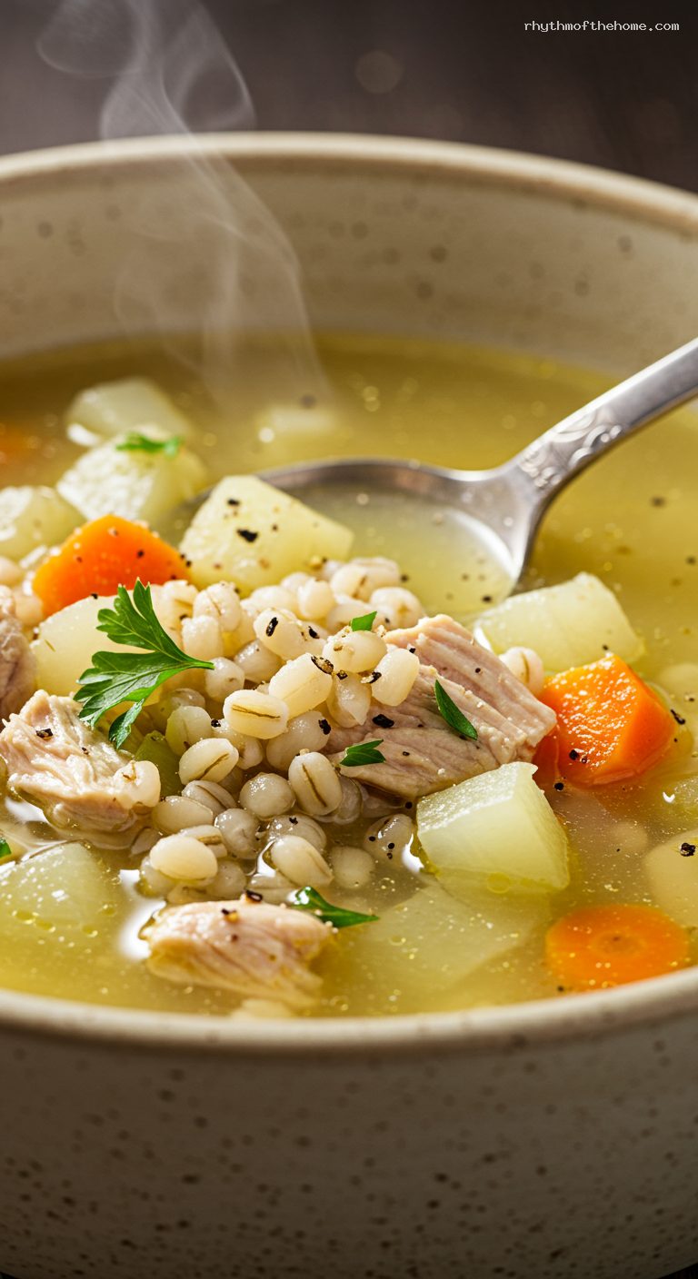 Cozy Krupnik Pearl Barley Soup with Chicken or Pork – Closeup