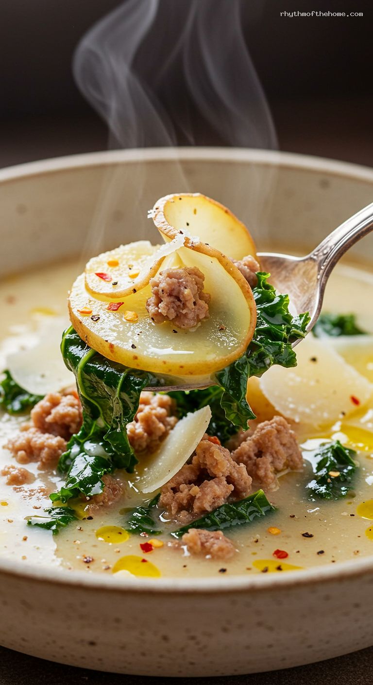 Cozy Sausage, Kale, and Potato Soup (Zuppa Toscana) – Closeup