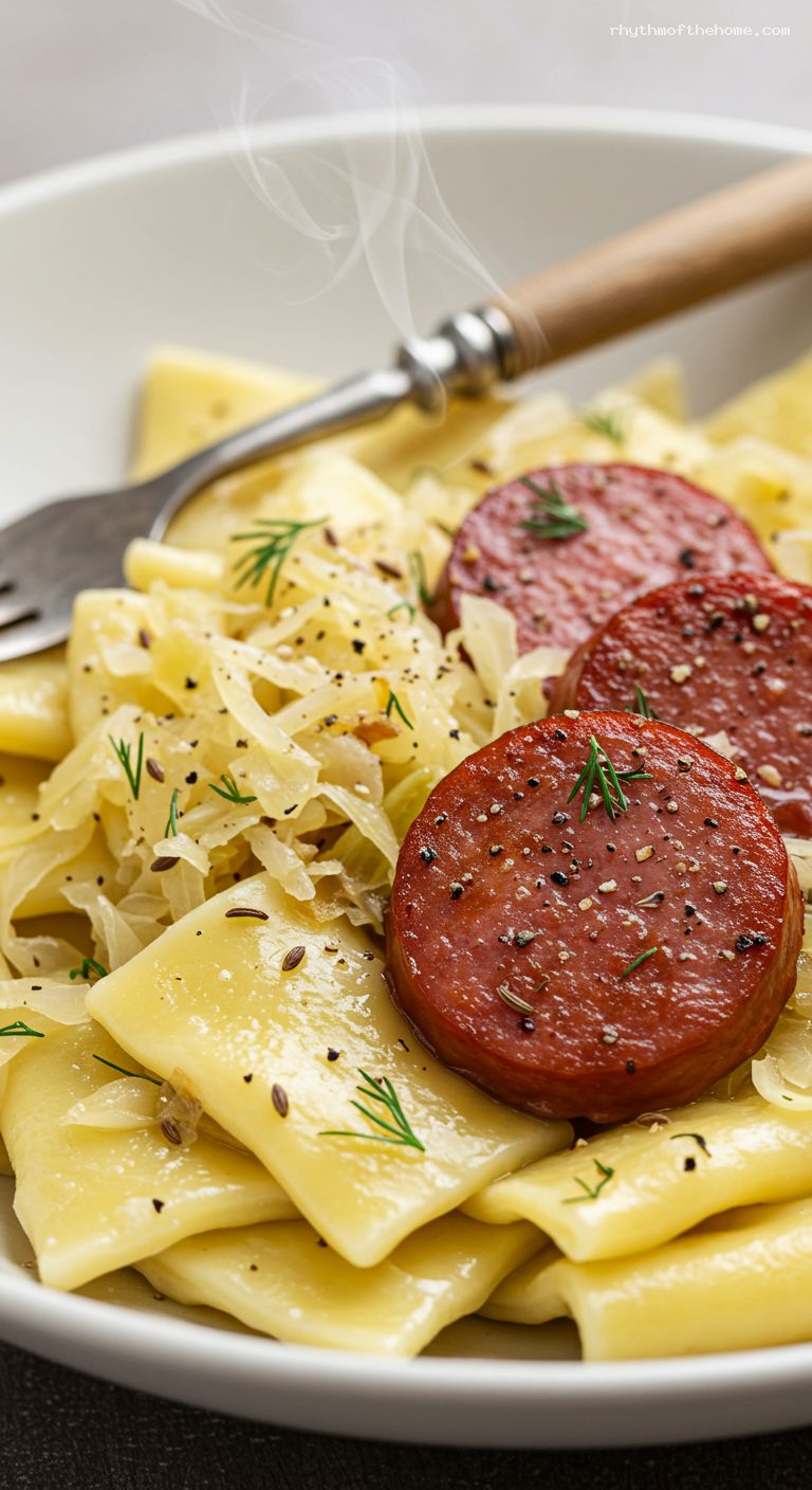 Cozy Skillet Kiełbasa with Cabbage, Noodles, and Caraway – Closeup