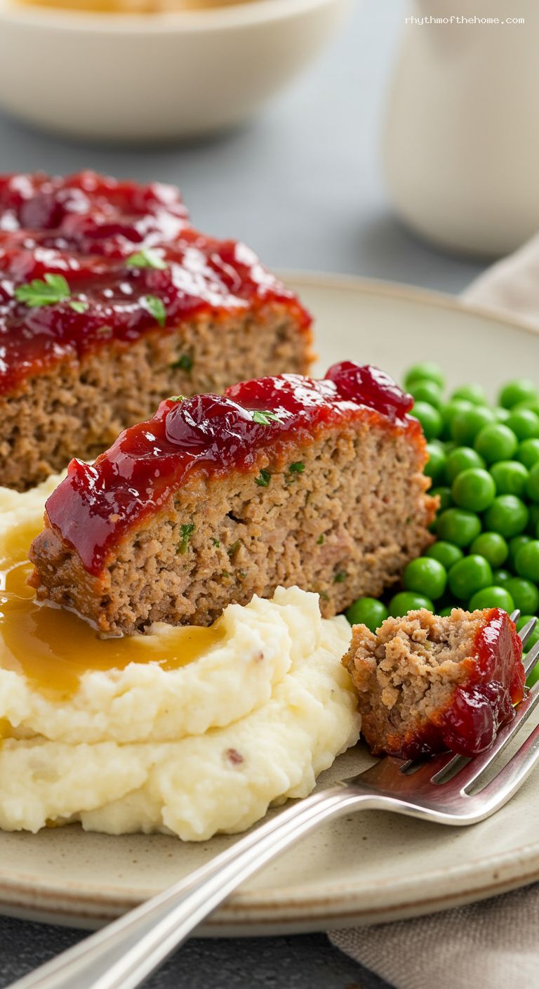 Cranberry-Balsamic Turkey Meatloaf with Garlic Mash and Gravy – Closeup