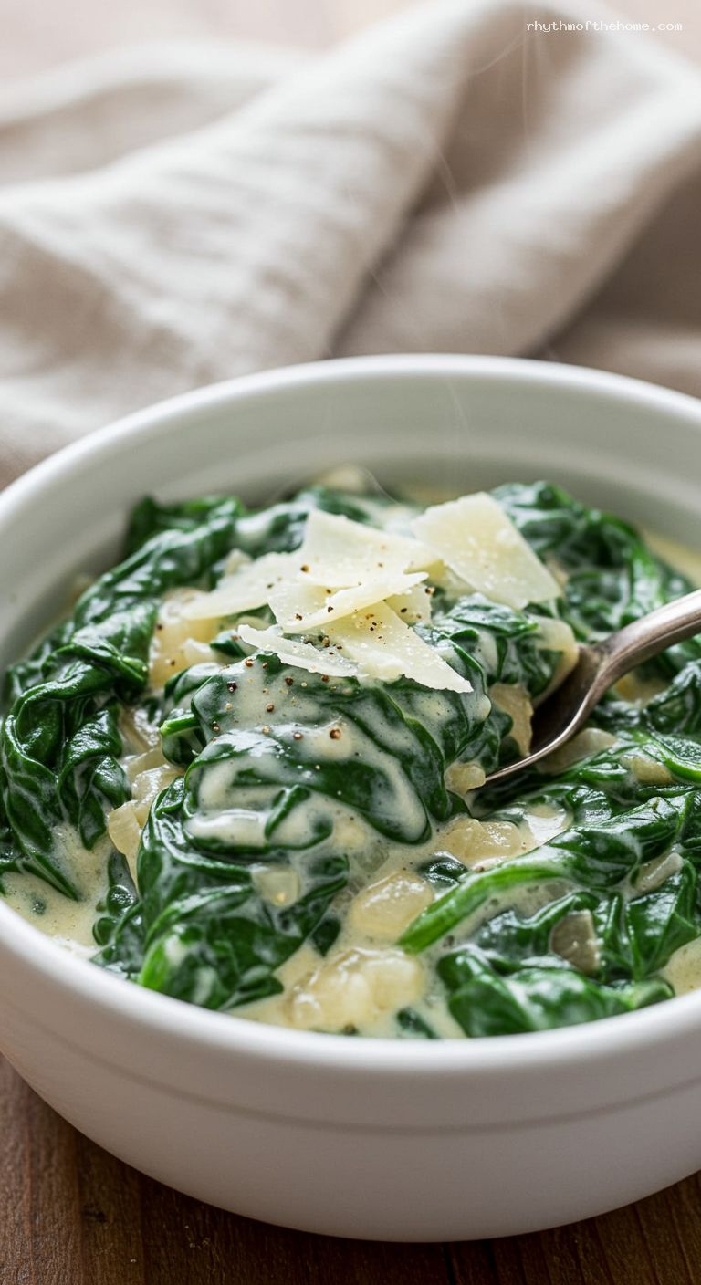 Creamed Spinach with Garlic, Onion, and Parmesan – Closeup