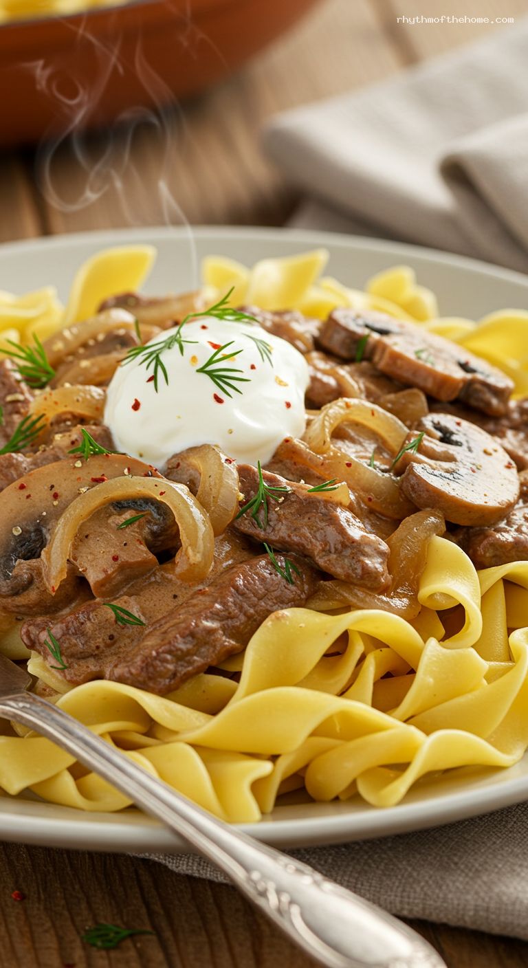 Creamy Beef and Mushroom Stroganoff Over Egg Noodles – Closeup