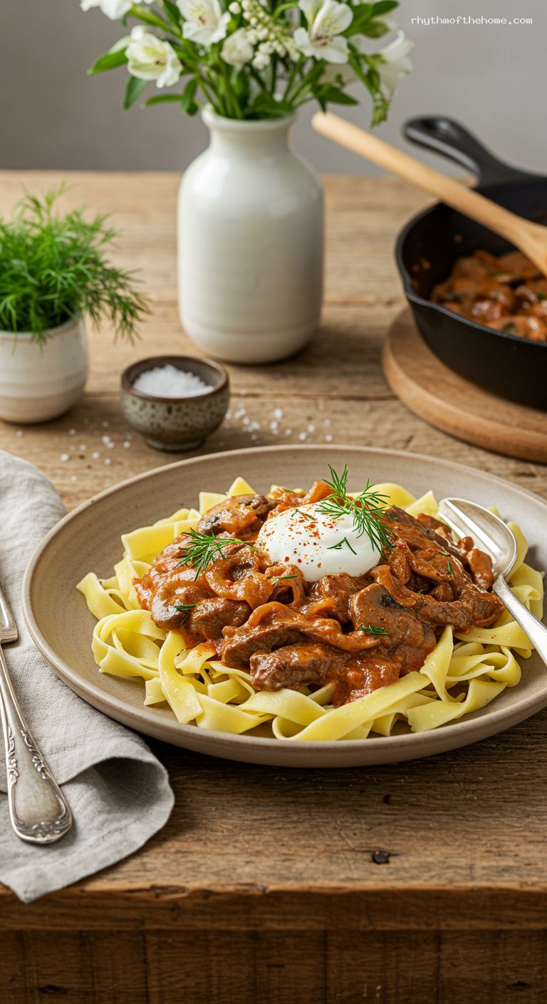 Creamy Beef and Mushroom Stroganoff Over Egg Noodles