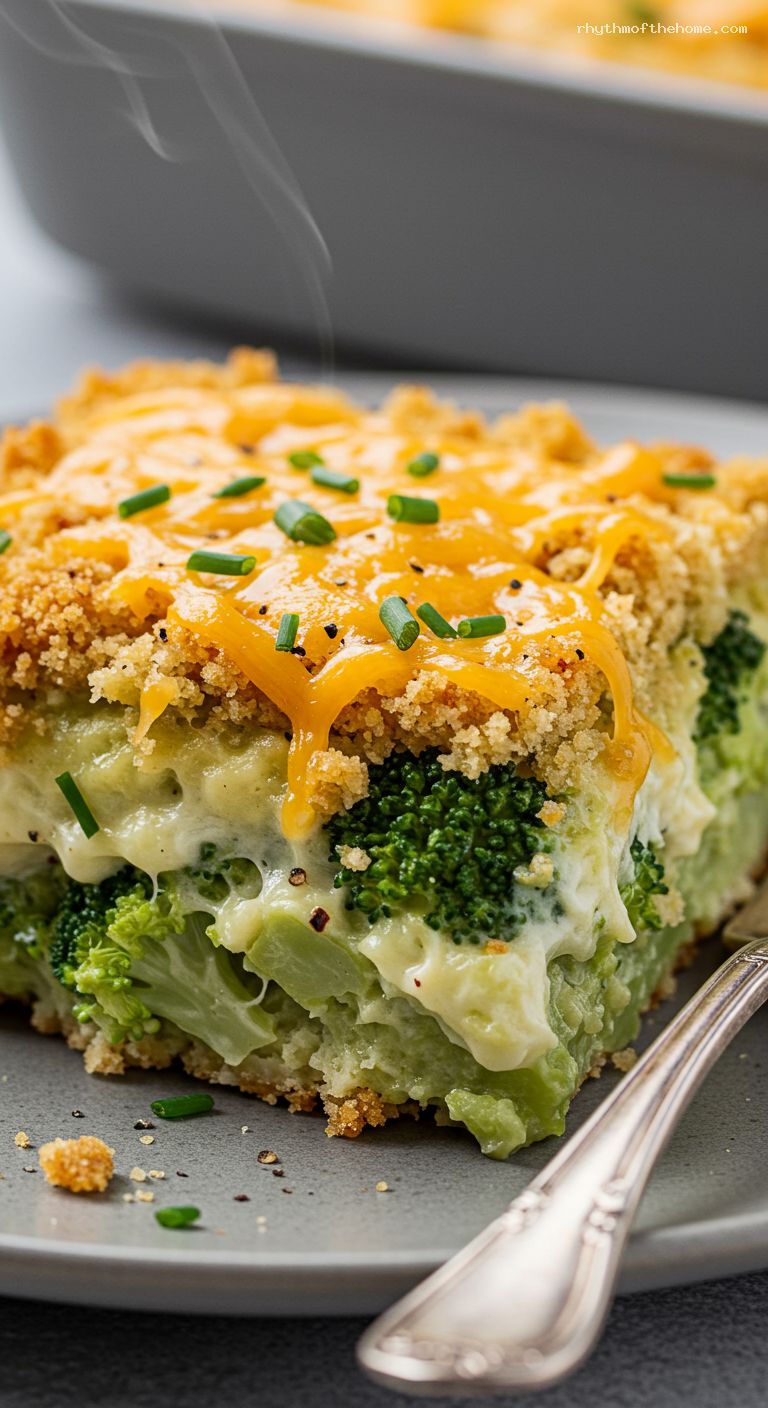 Creamy Broccoli Cheddar Casserole with Buttery Cracker Topping – Closeup