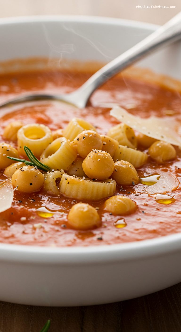 Creamy Brothy Pasta e Ceci with Rosemary and Garlic – Closeup