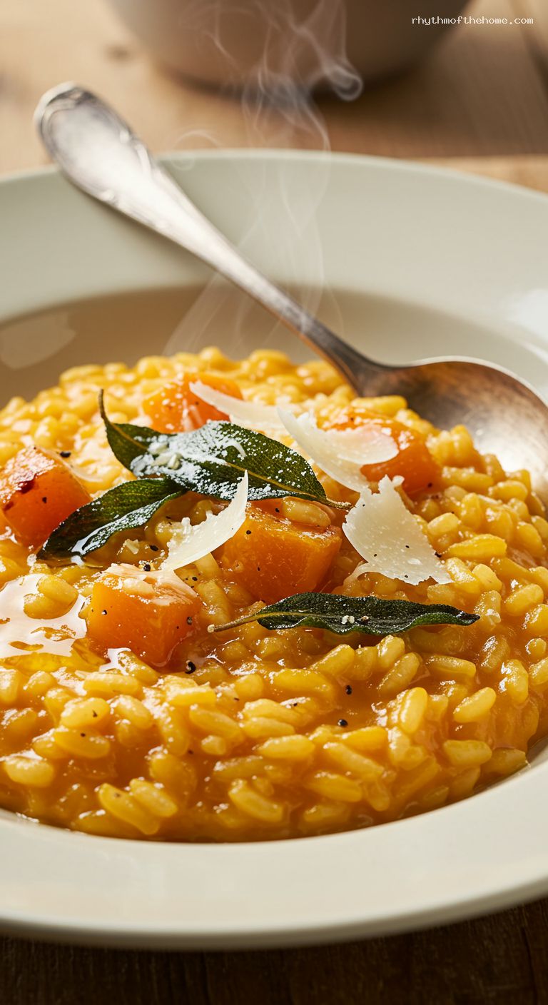 Creamy Butternut Squash Risotto with Crispy Sage – Closeup