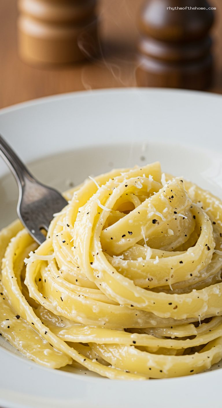 Creamy Cacio e Pepe with Pecorino and Black Pepper – Closeup