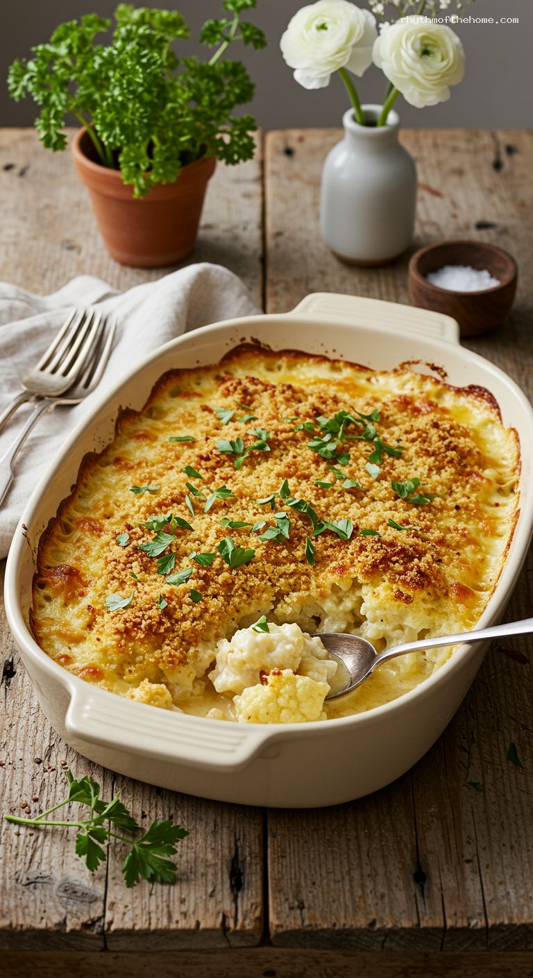 Creamy Cauliflower Gratin with Cheddar-Parmesan Breadcrumbs