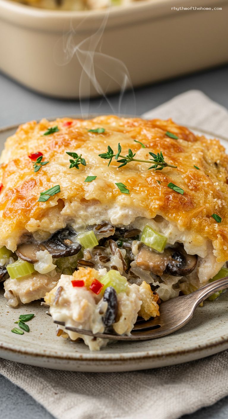Creamy Chicken and Wild Rice Bake with Mushrooms – Closeup