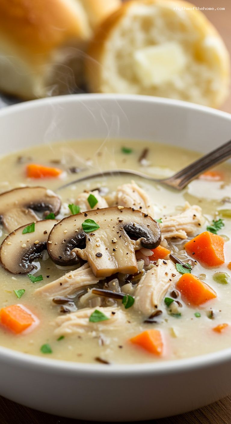 Creamy Chicken and Wild Rice Soup with Mushrooms – Closeup