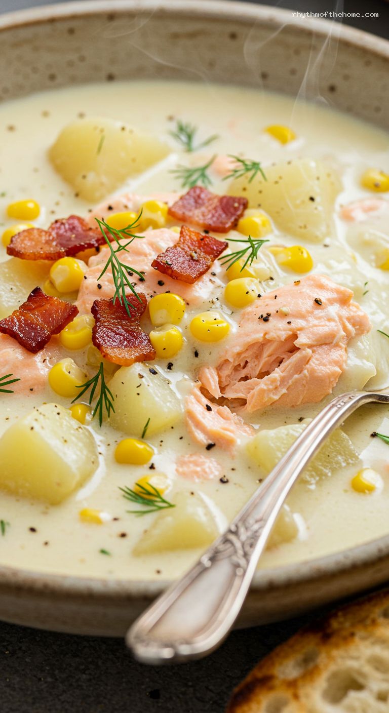 Creamy Corn and Salmon Chowder with Bacon and Dill – Closeup