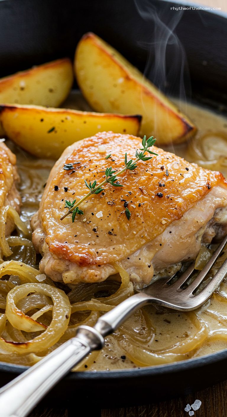 Creamy Dijon Skillet Chicken with Caramelized Onions and Thyme – Closeup