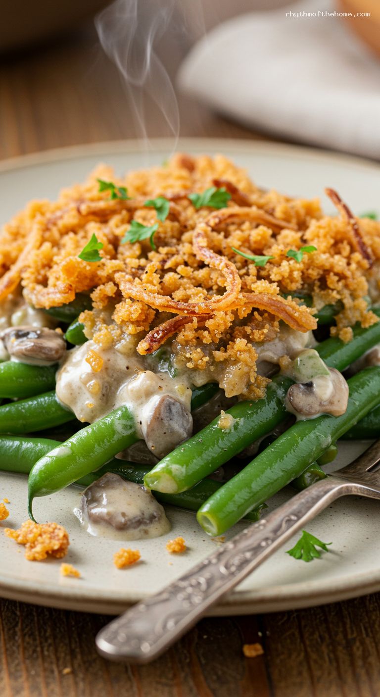 Creamy Green Bean Casserole with Crispy Onions – Closeup