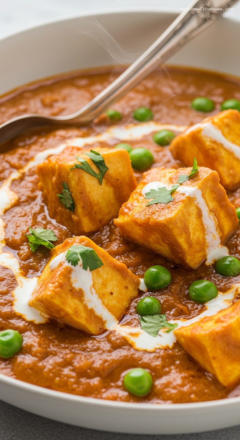 Creamy Matar Paneer with Tomatoes and Kasuri Methi – Closeup