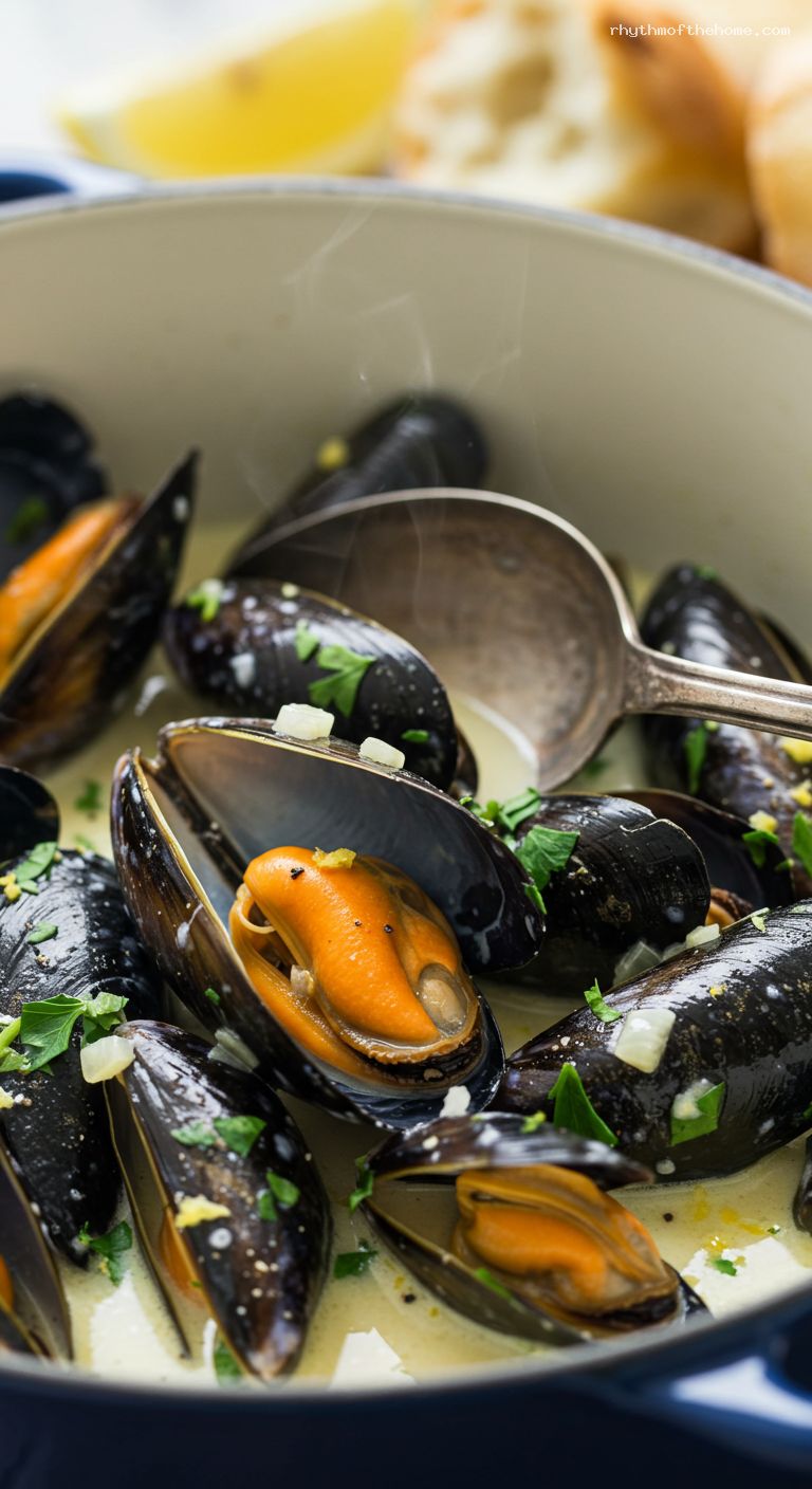 Creamy Moules Marinières with White Wine and Herbs – Closeup