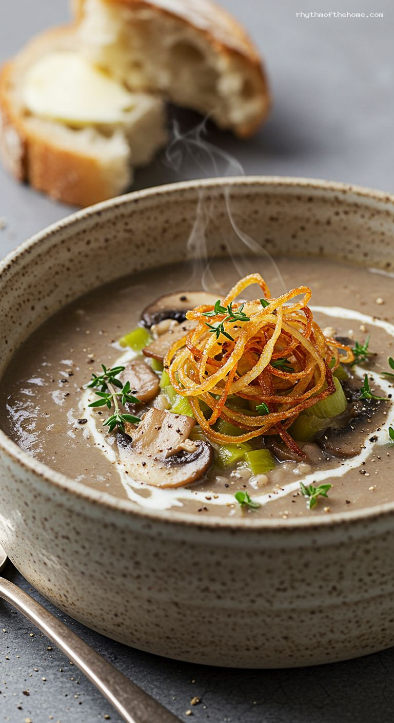 Creamy Mushroom Barley Soup with Leeks and Sherry – Closeup