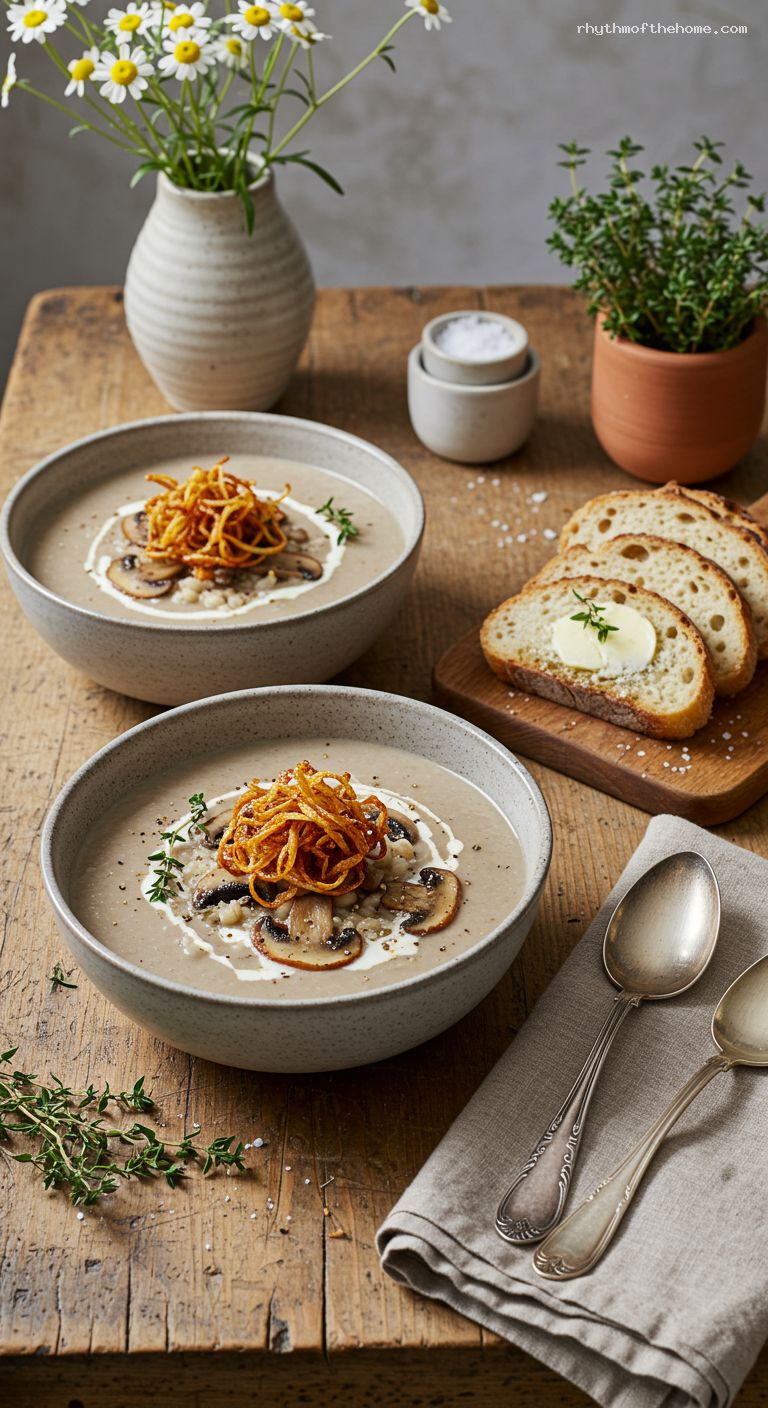 Creamy Mushroom Barley Soup with Leeks and Sherry