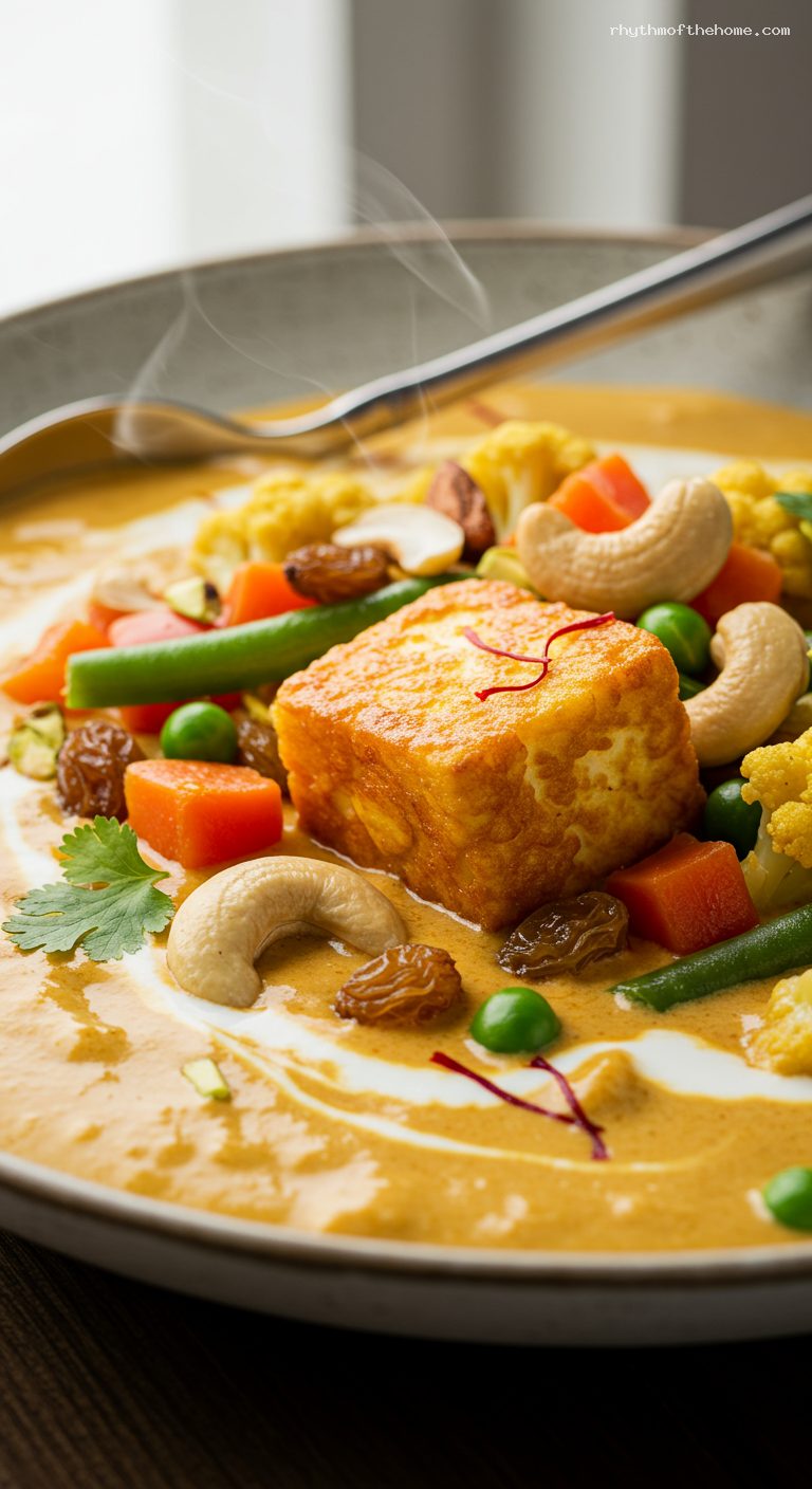 Creamy Navratan Korma with Paneer and Cashews – Closeup