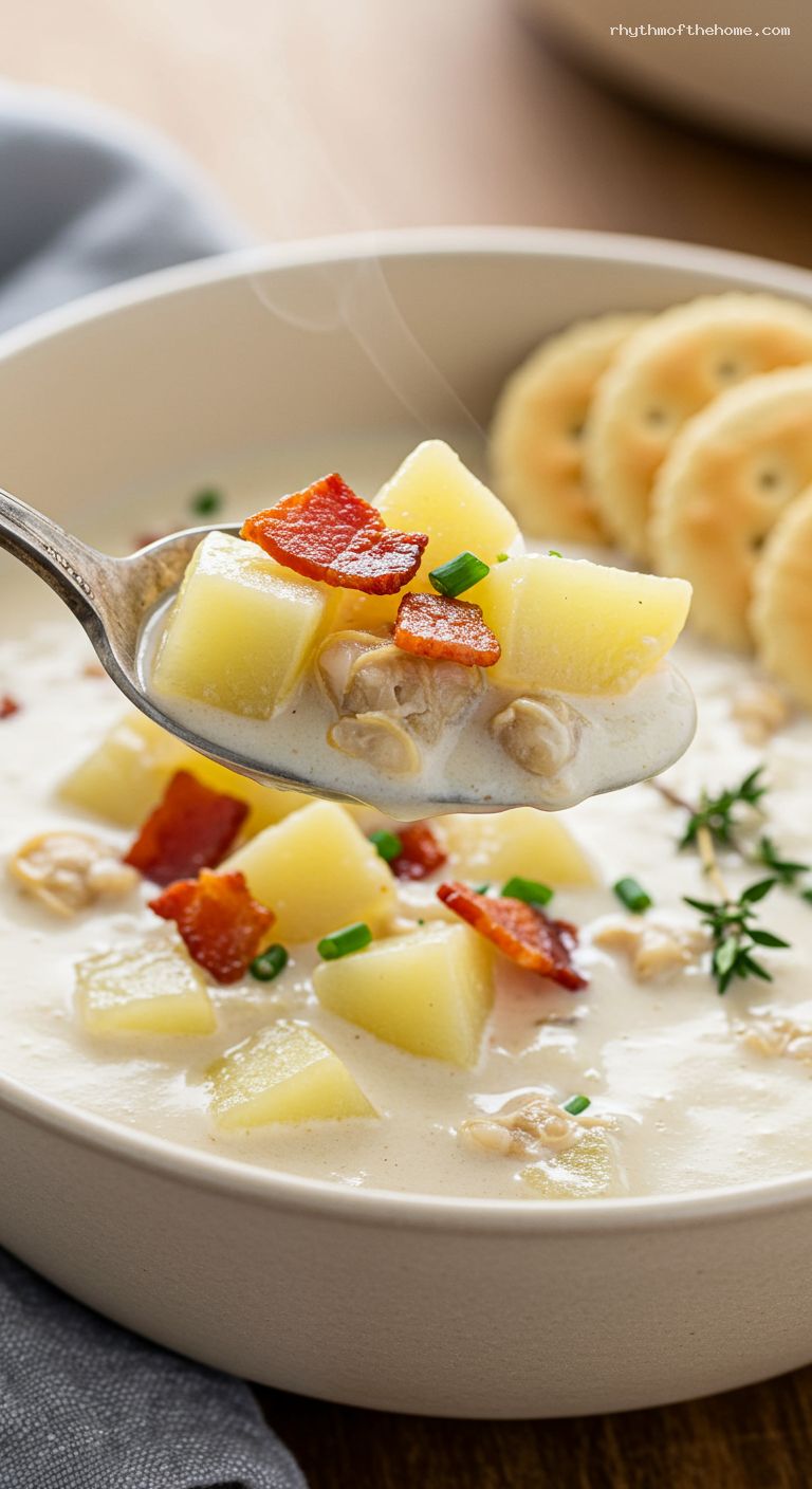 Creamy New England Clam Chowder with Bacon and Thyme – Closeup