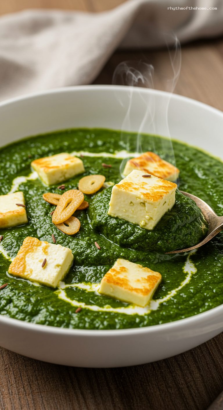 Creamy Palak Paneer with Cumin and Garlic – Closeup