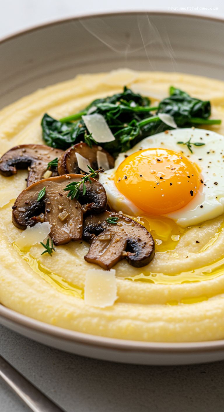 Creamy Parmesan Polenta with Garlicky Mushrooms and Spinach – Closeup