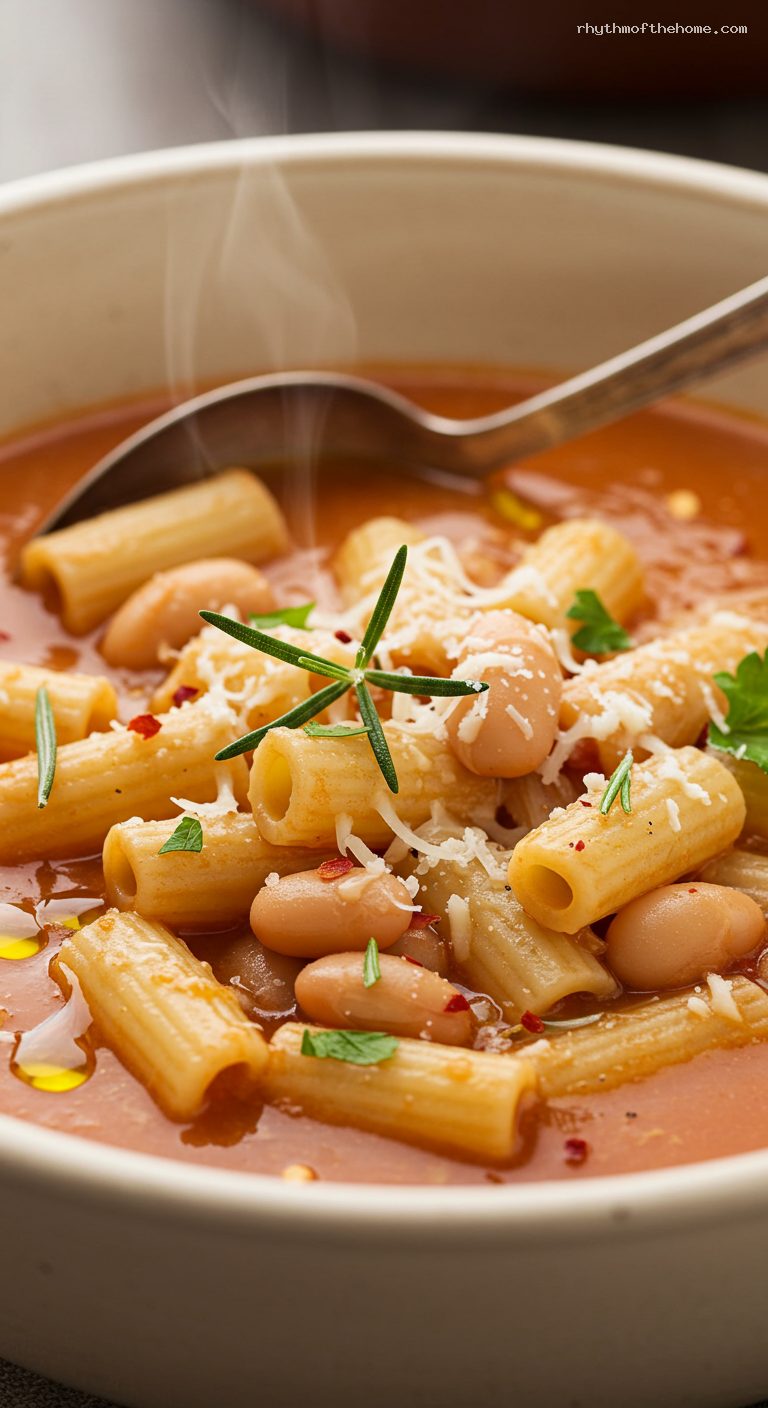 Creamy Pasta e Fagioli with Rosemary and Parmesan – Closeup