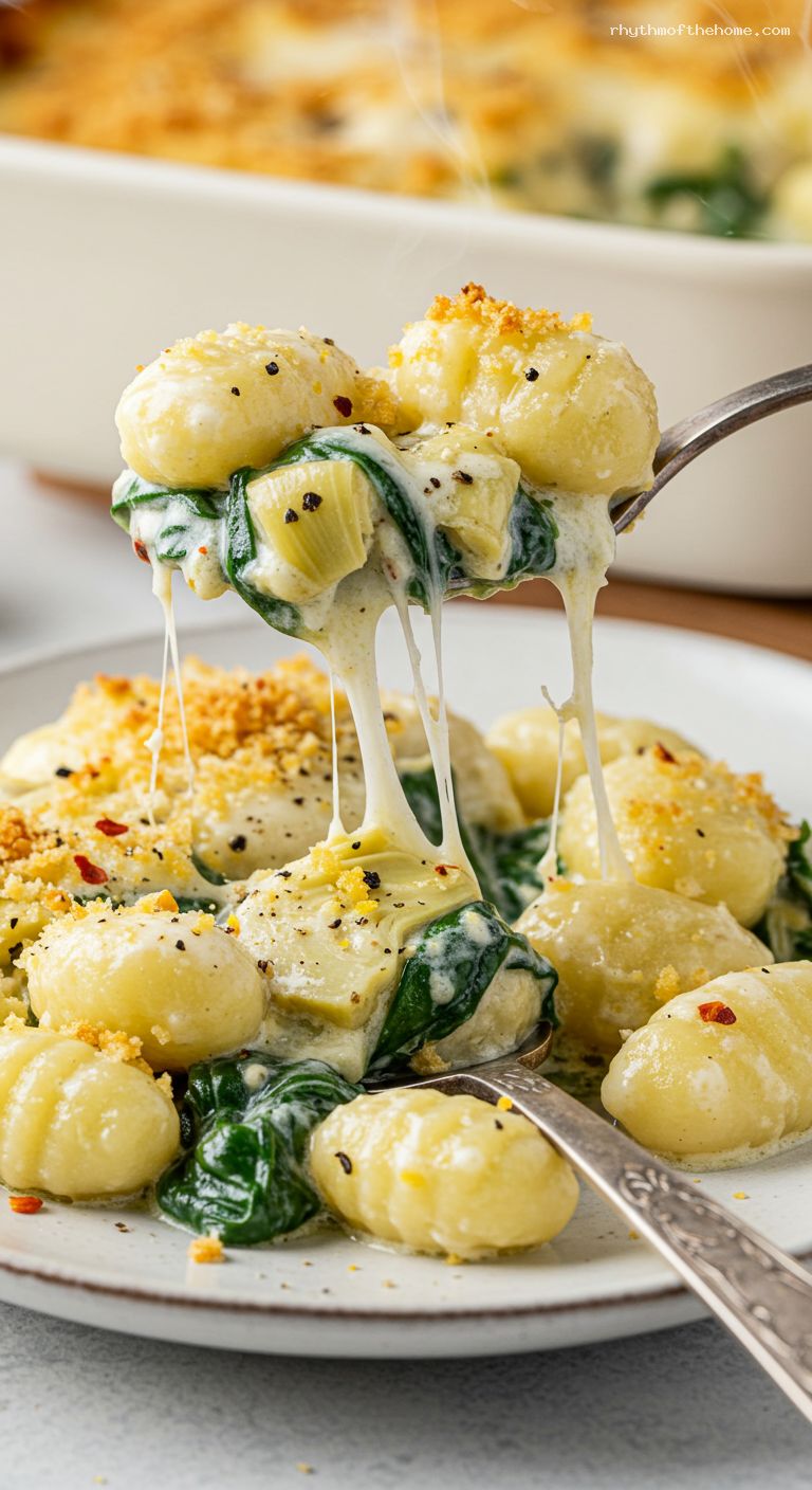 Creamy Spinach-Artichoke Baked Gnocchi with Parmesan and Panko – Closeup