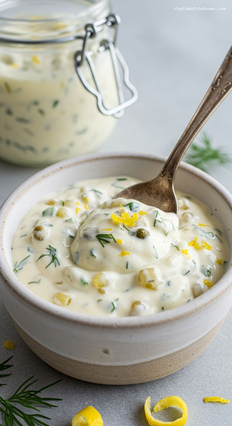 Creamy Tartar Sauce with Pickles, Capers, and Dill – Closeup