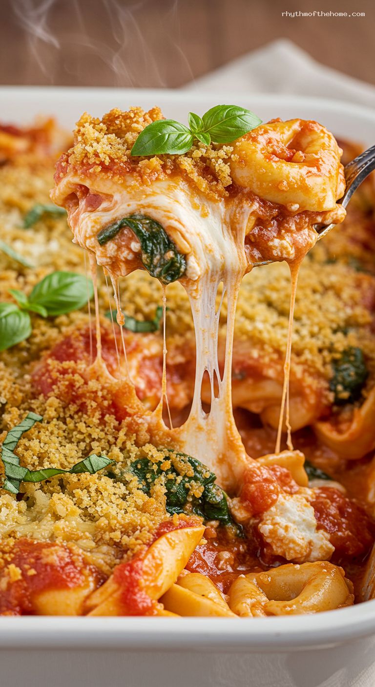 Creamy Tomato Basil Tortellini Bake with Spinach – Closeup