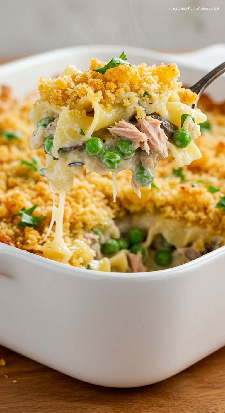 Creamy Tuna Noodle Casserole with Peas and Mushrooms – Closeup