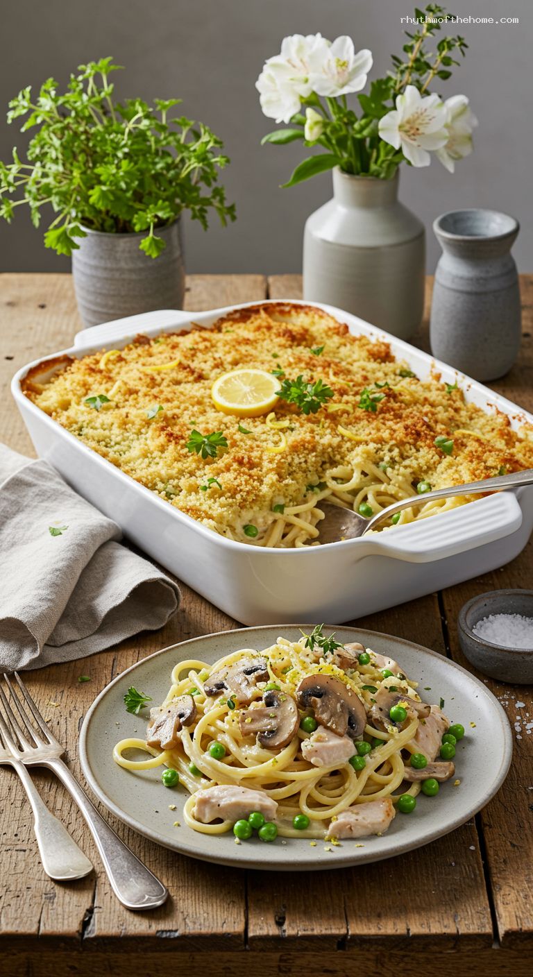 Creamy Turkey Tetrazzini with Mushrooms and Peas