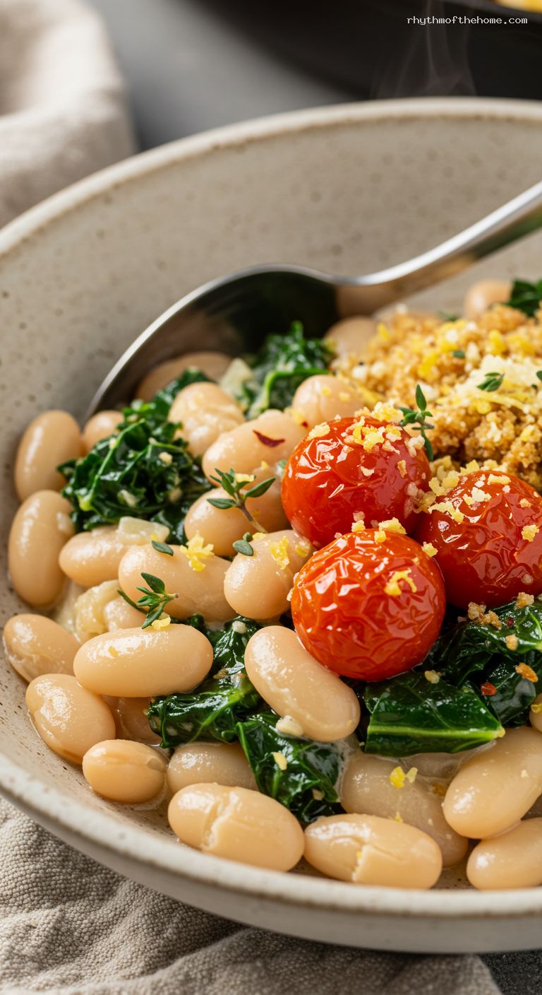 Creamy White Bean and Kale Skillet with Roasted Tomatoes – Closeup