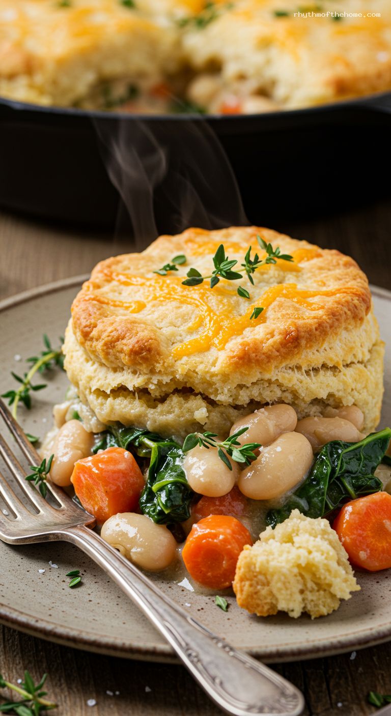 Creamy White Bean Pot Pie with Cheddar-Chive Biscuit Crust – Closeup