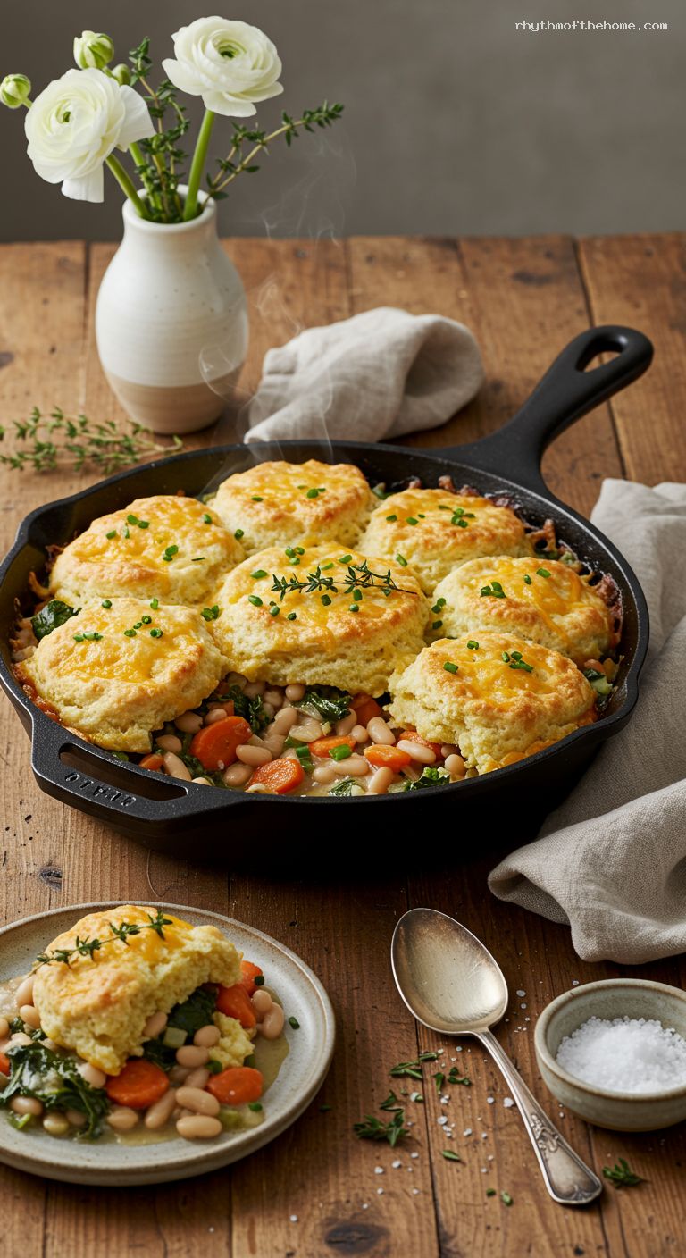 Creamy White Bean Pot Pie with Cheddar-Chive Biscuit Crust