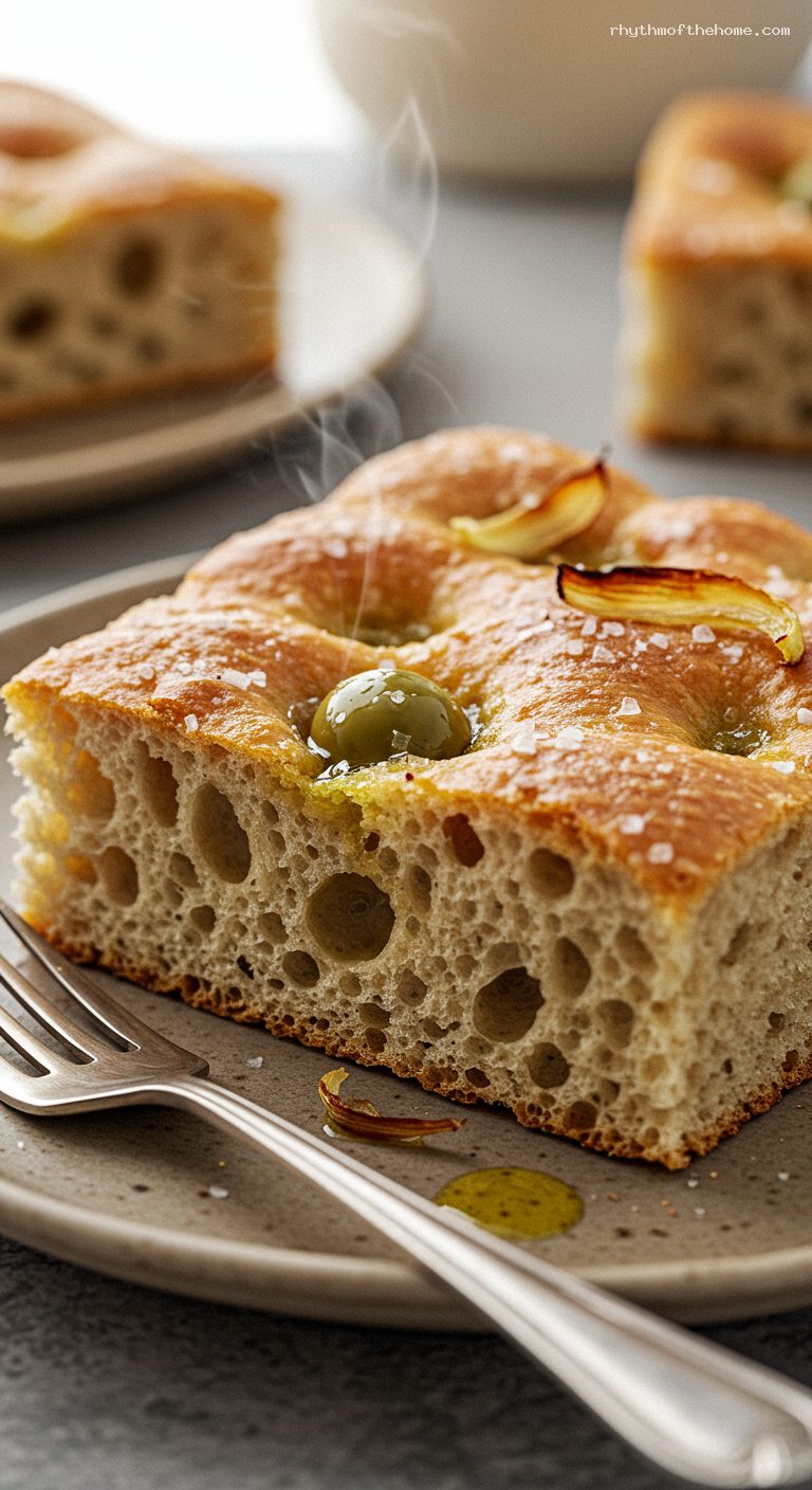 Crispy Airy Focaccia Genovese with Olive Oil and Brine – Closeup