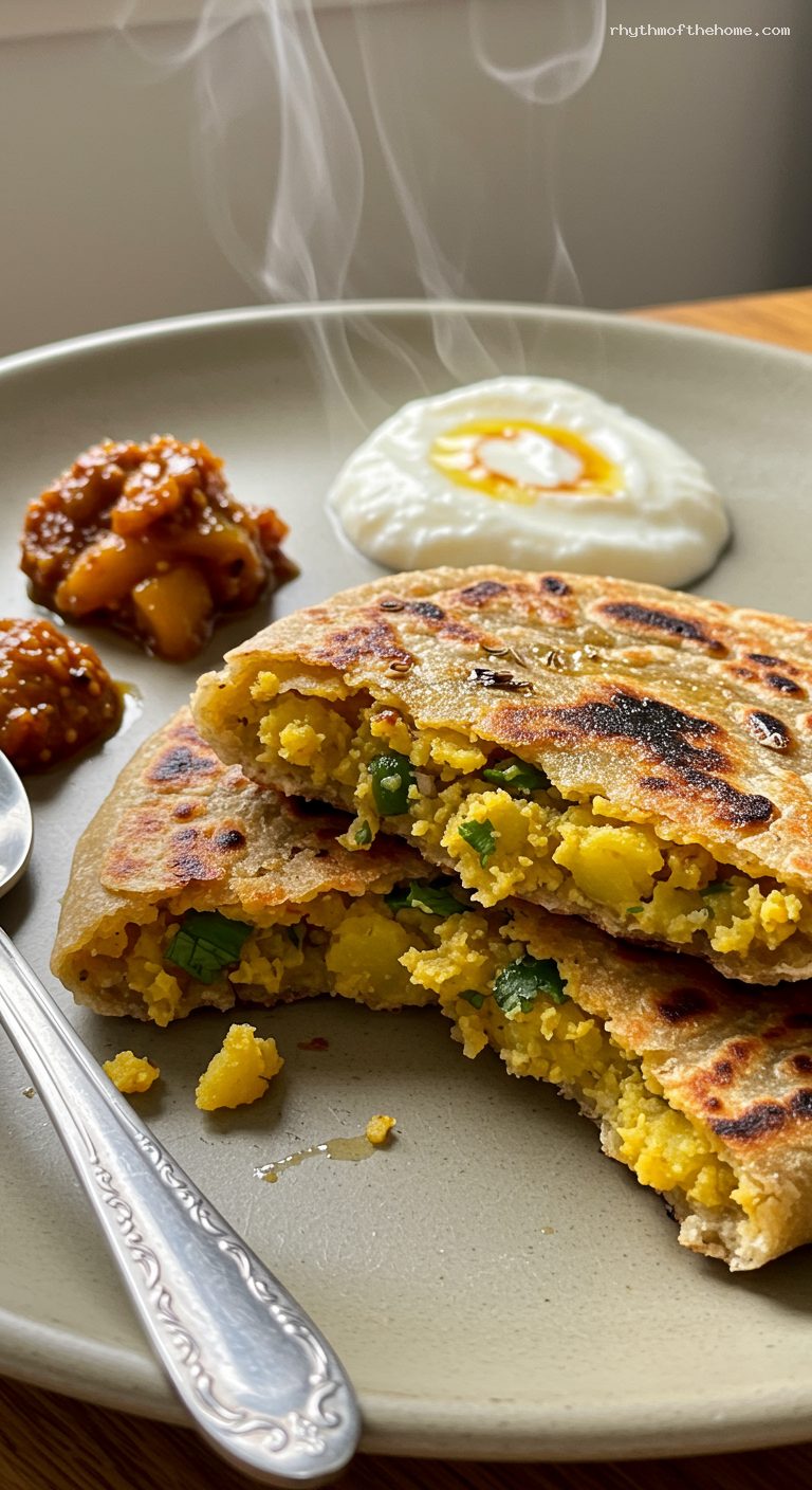 Crispy Aloo Paratha with Dahi and Pickle – Closeup