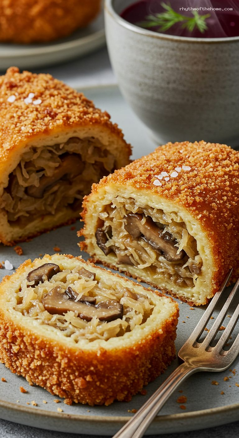 Crispy Breaded Crepes with Sauerkraut and Wild Mushrooms – Closeup